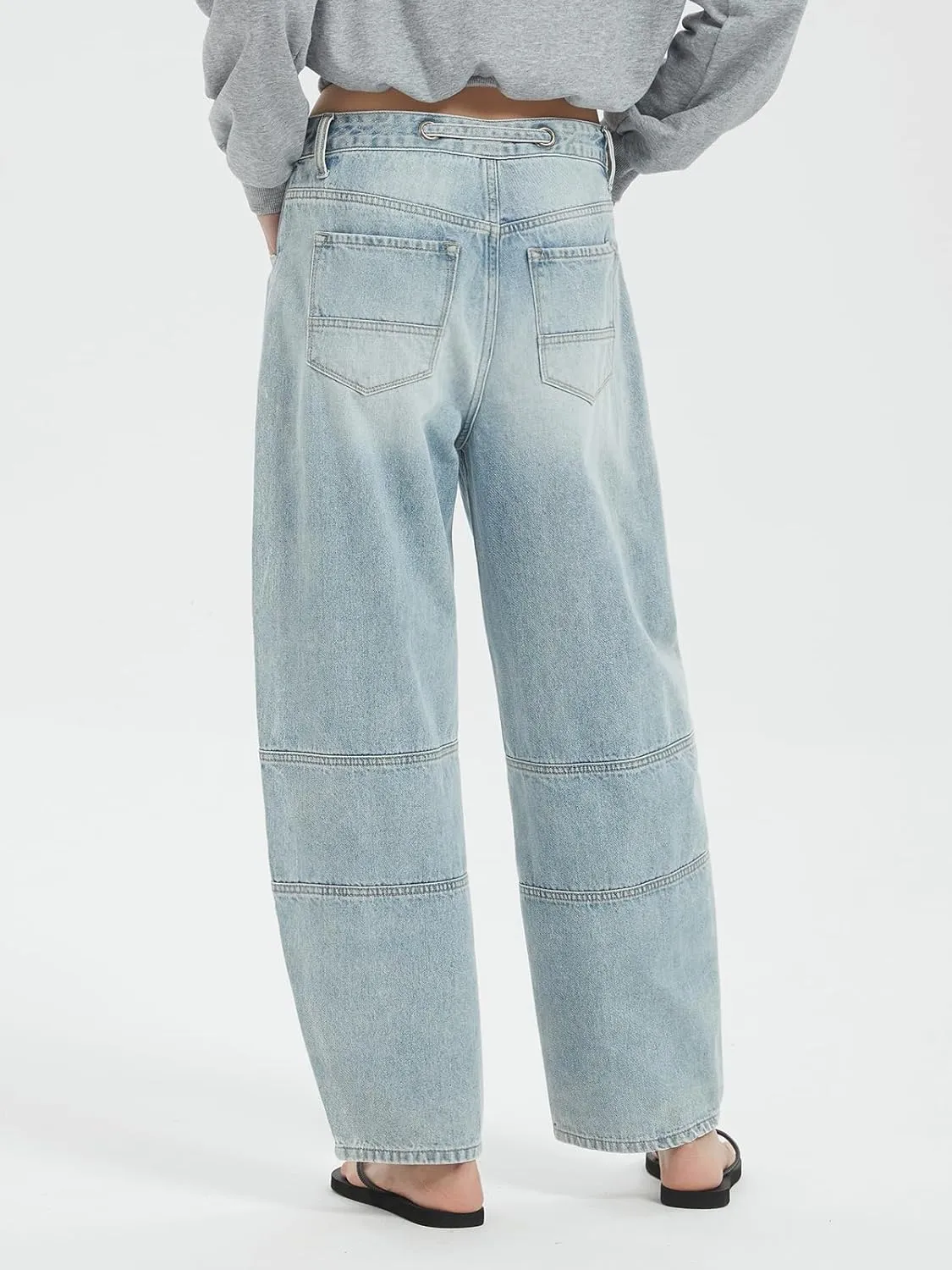 ONESO Women's Barrel Jeans Mid Waisted Wide Leg Boyfriend Jeans for Women Baggy Casual Denim Pants with Drawstring