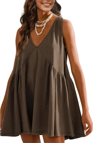 OPCAKM Women's V Neck Sleeveless Mini Dress Loose Summer Pleated Swing Flowy Sundress