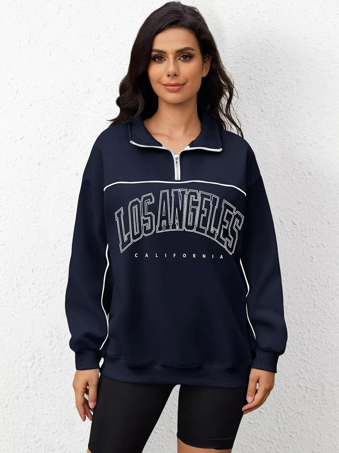 ORANDESIGNE Womens Oversized Graphic Sweatshirts Quarter Zip Pullover Fleece Letter Print Hoodies Trendy Clothes 2025