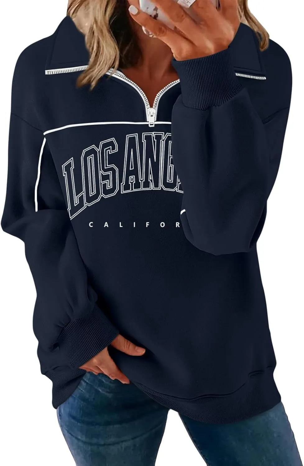 ORANDESIGNE Womens Oversized Graphic Sweatshirts Quarter Zip Pullover Fleece Letter Print Hoodies Trendy Clothes 2025