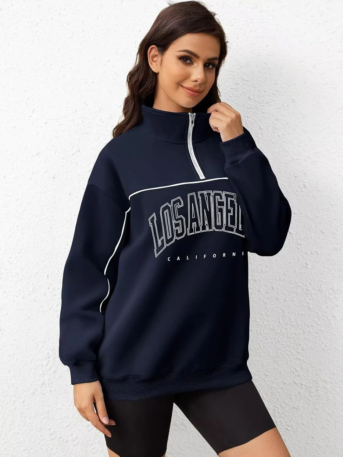 ORANDESIGNE Womens Oversized Graphic Sweatshirts Quarter Zip Pullover Fleece Letter Print Hoodies Trendy Clothes 2025