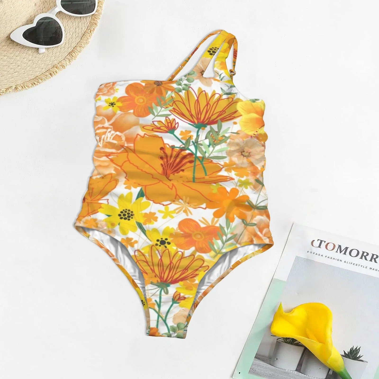 Orange & Yellow Floral White Keyhole Bathing Suit up to 5 XL (FWS)