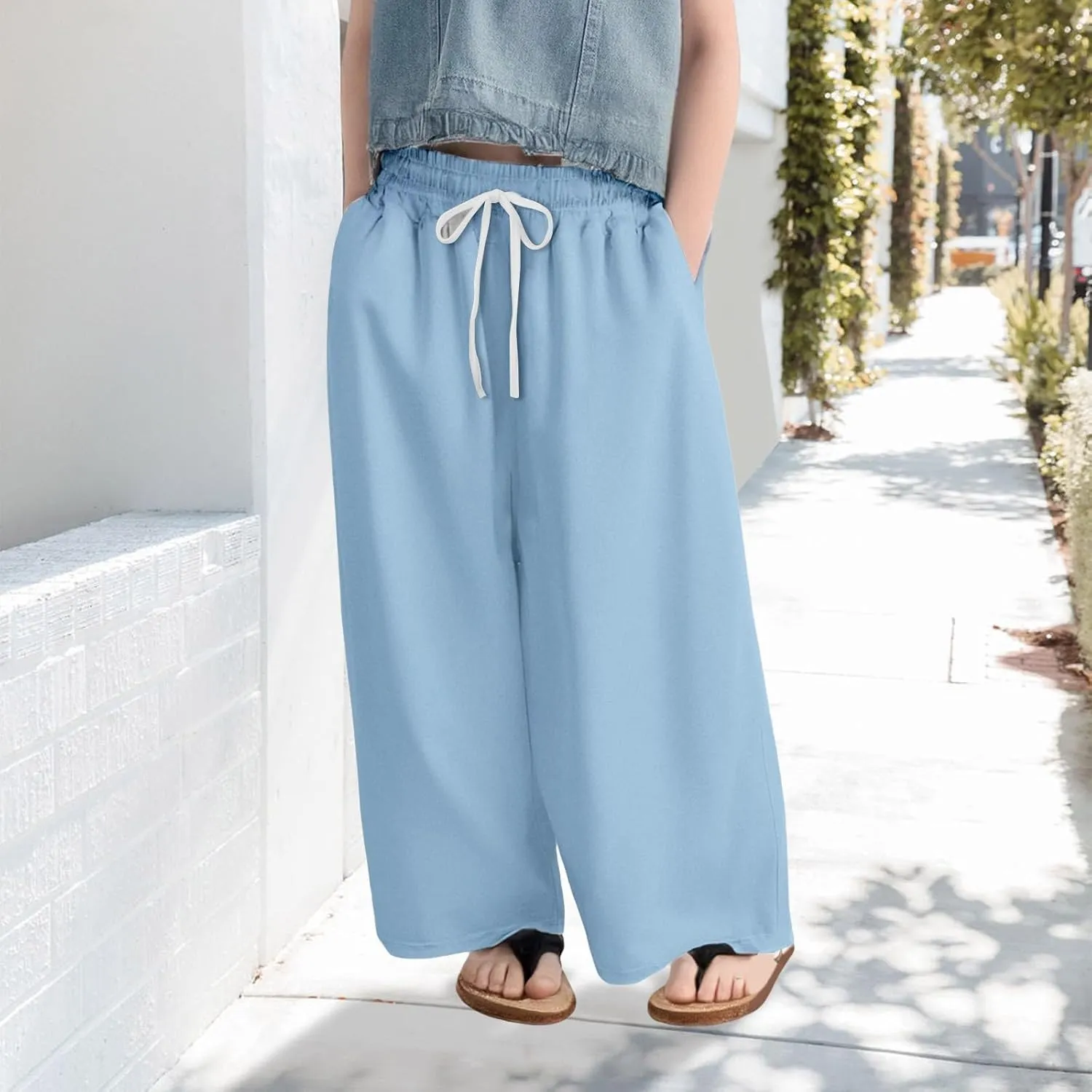 Oversized Casual Pants for Girls Plain Baggy Wide Leg Palazzo Trousers Kids Drawstring Elastic Fall Casual Pants