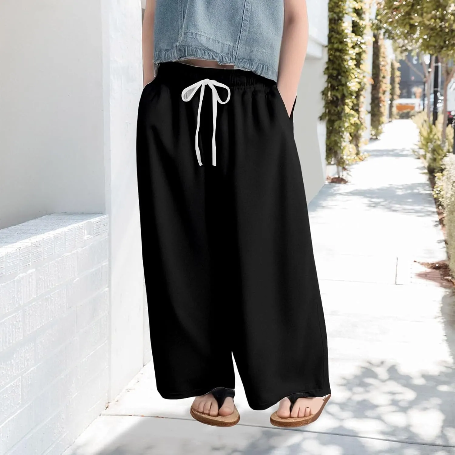 Oversized Casual Pants for Girls Plain Baggy Wide Leg Palazzo Trousers Kids Drawstring Elastic Fall Casual Pants