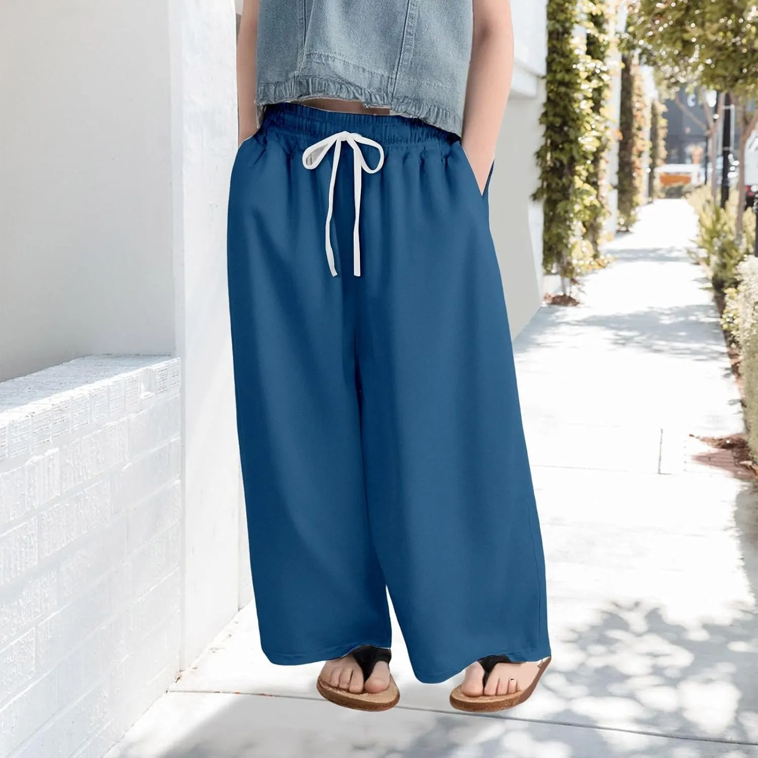 Oversized Casual Pants for Girls Plain Baggy Wide Leg Palazzo Trousers Kids Drawstring Elastic Fall Casual Pants