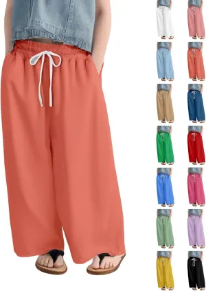 Oversized Casual Pants for Girls Plain Baggy Wide Leg Palazzo Trousers Kids Drawstring Elastic Fall Casual Pants