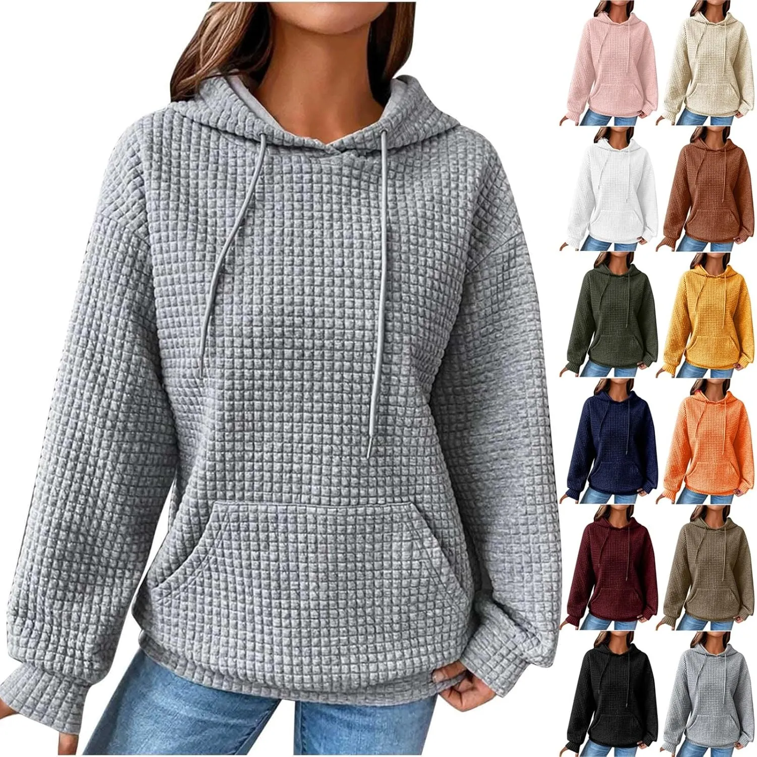 Oversized Hoodies for Women Athleisure Quilted Drawstring Crewneck Sweatshirts Fall Knit Pullover Sweaters with Pocket