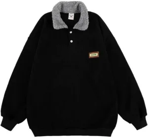 Oversized plus velvet padded corduroy button-down sweatshirt pullover warm contrasting polo hoodie