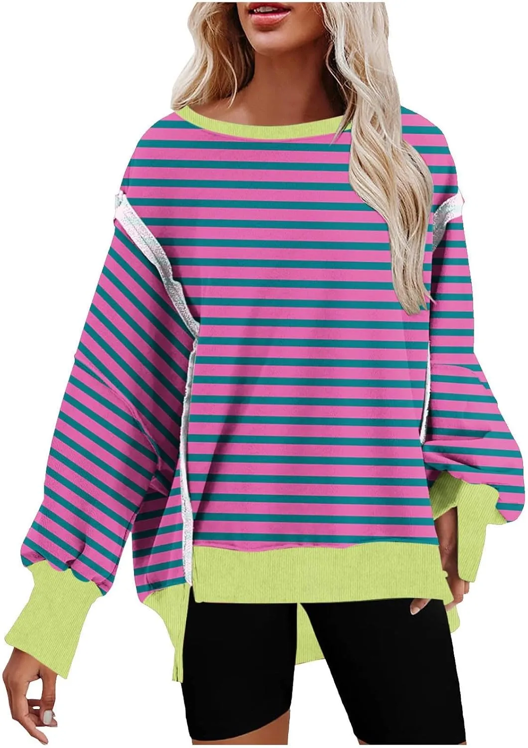 Oversized Sweatshirt for Women 2024 Long Sleeve Striped Sweatshirts Crewneck Corded Pullover Top Fall Winter Outfits