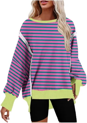Oversized Sweatshirt for Women 2024 Long Sleeve Striped Sweatshirts Crewneck Corded Pullover Top Fall Winter Outfits