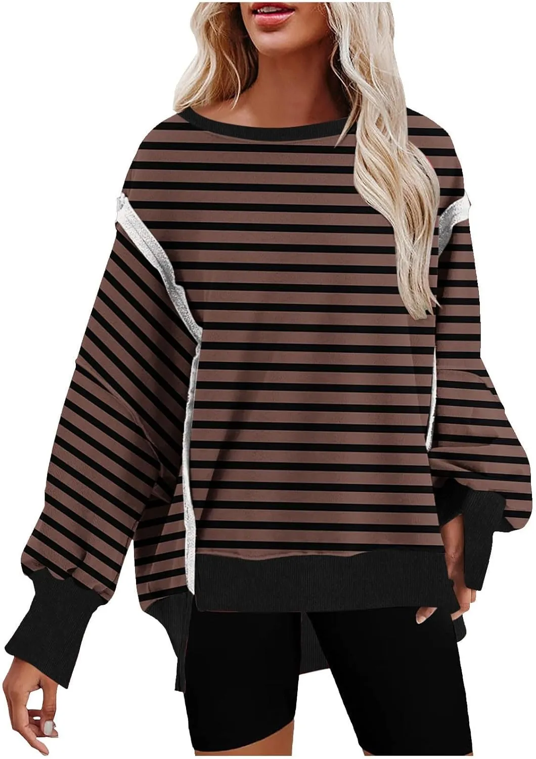 Oversized Sweatshirt for Women 2024 Long Sleeve Striped Sweatshirts Crewneck Corded Pullover Top Fall Winter Outfits