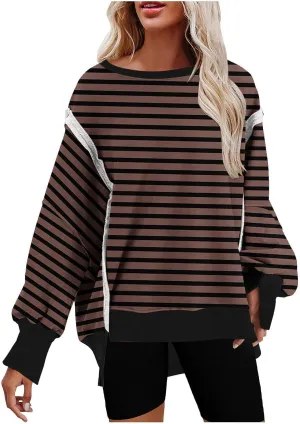 Oversized Sweatshirt for Women 2024 Long Sleeve Striped Sweatshirts Crewneck Corded Pullover Top Fall Winter Outfits