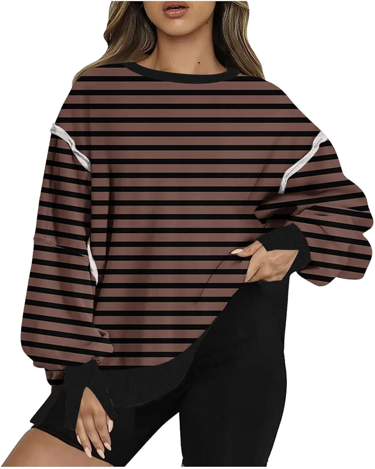 Oversized Sweatshirt for Women 2024 Long Sleeve Striped Sweatshirts Crewneck Corded Pullover Top Fall Winter Outfits