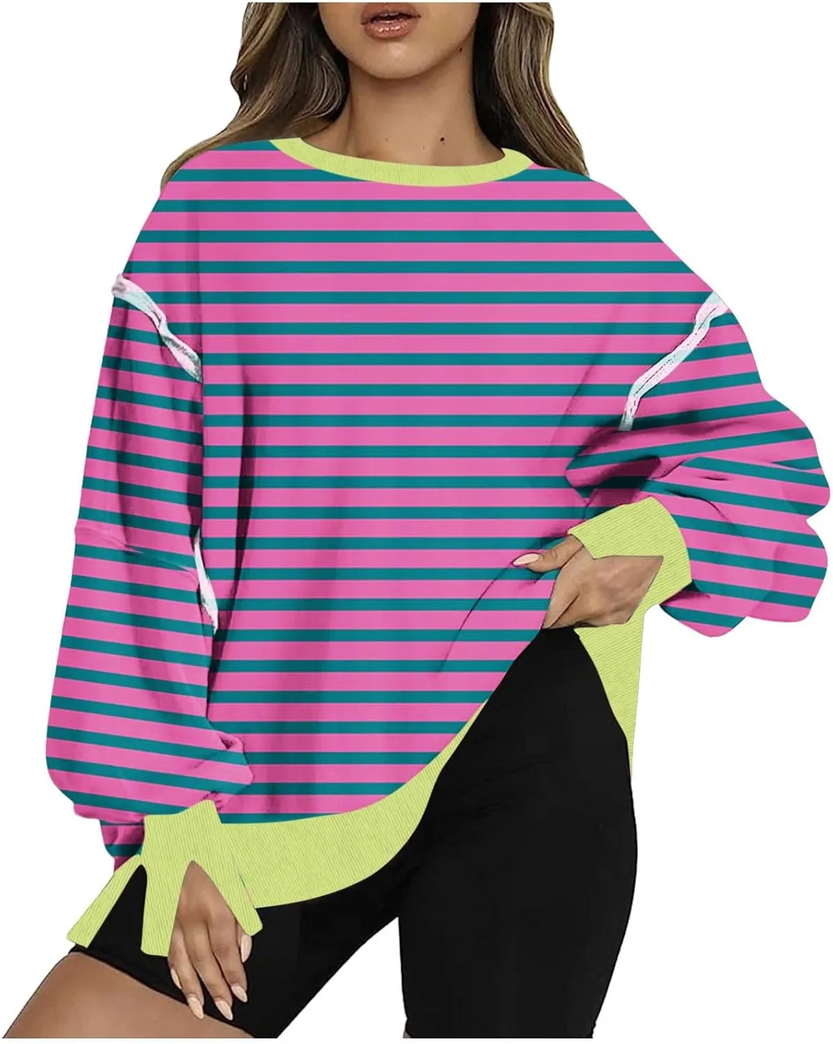 Oversized Sweatshirt for Women 2024 Long Sleeve Striped Sweatshirts Crewneck Corded Pullover Top Fall Winter Outfits