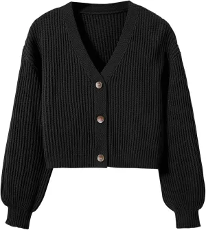 OYOANGLE Girl's Button Down Ribbed Knit V Neck Lantern Long Sleeve Cardigan Sweater Outerwear