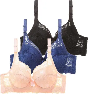 Pack of 3 Minimizer Bra Sets for Women - Plus Size Lace Bra Womans Full Coverage Bras Unlined Underwire Bra for Heavy Breast