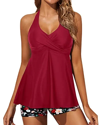 Padded Push Up Bra Tankini Swimsuits For Women Shorts-Red Floral