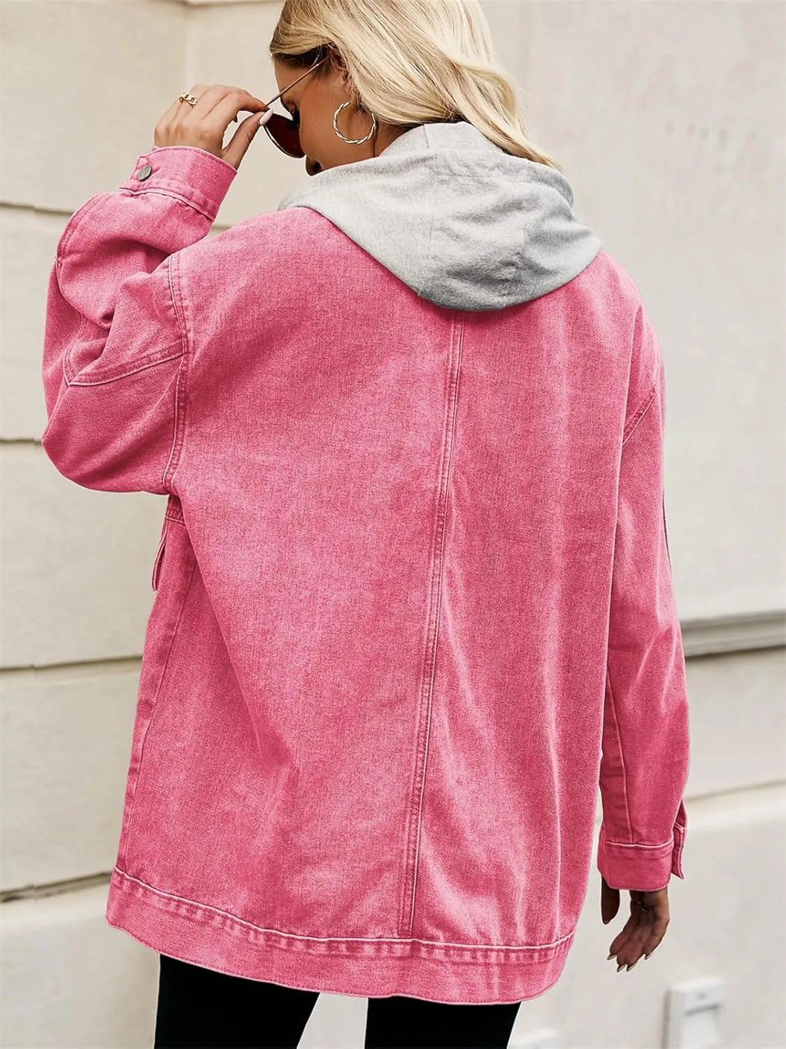 PAODIKUAI Women's Oversized Denim Jacket Casual Long Sleeve Vintage Jean Jacket Top Coat with Detachable Hood