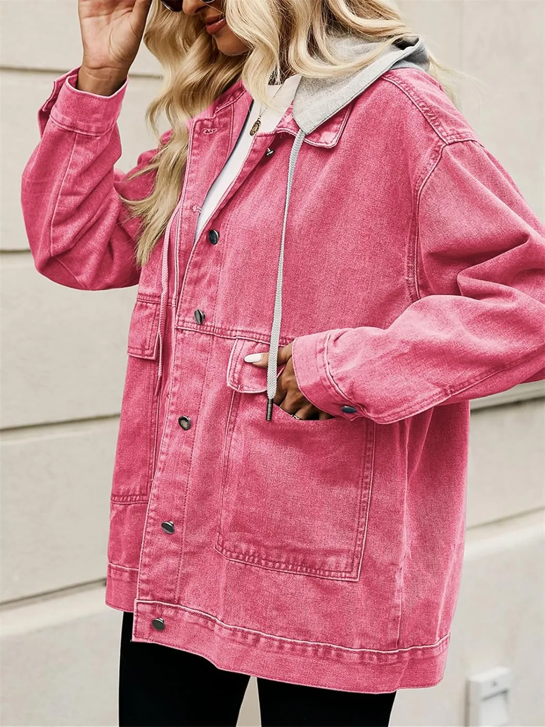 PAODIKUAI Women's Oversized Denim Jacket Casual Long Sleeve Vintage Jean Jacket Top Coat with Detachable Hood