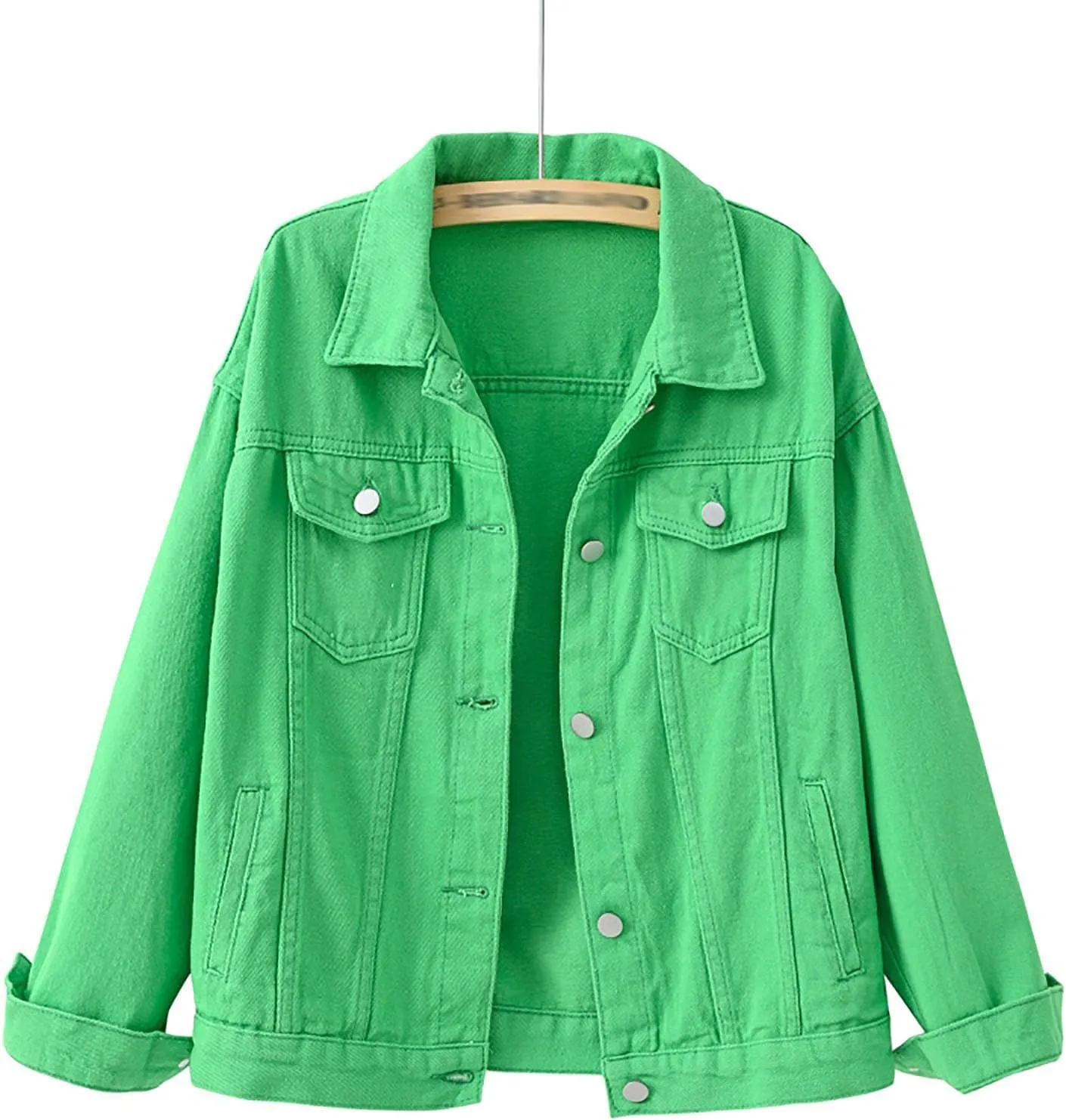 Pearls Denim Jacket For Woemn 3/4 Sleeve Button Down Plus Size Denim Jacket Basic Lapel Trucker Coat