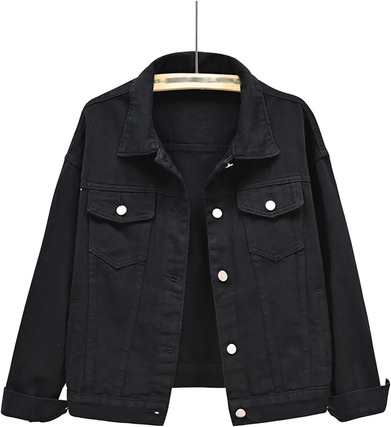 Pearls Denim Jacket For Woemn 3/4 Sleeve Button Down Plus Size Denim Jacket Basic Lapel Trucker Coat