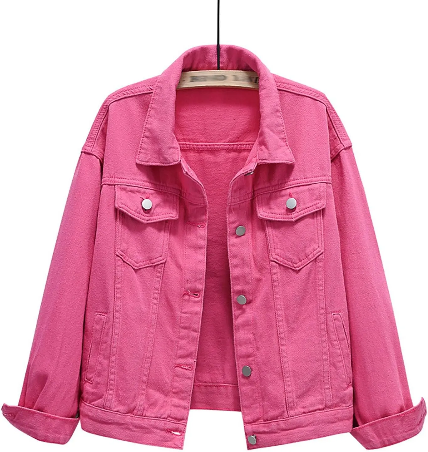 Pearls Denim Jacket For Woemn 3/4 Sleeve Button Down Plus Size Denim Jacket Basic Lapel Trucker Coat