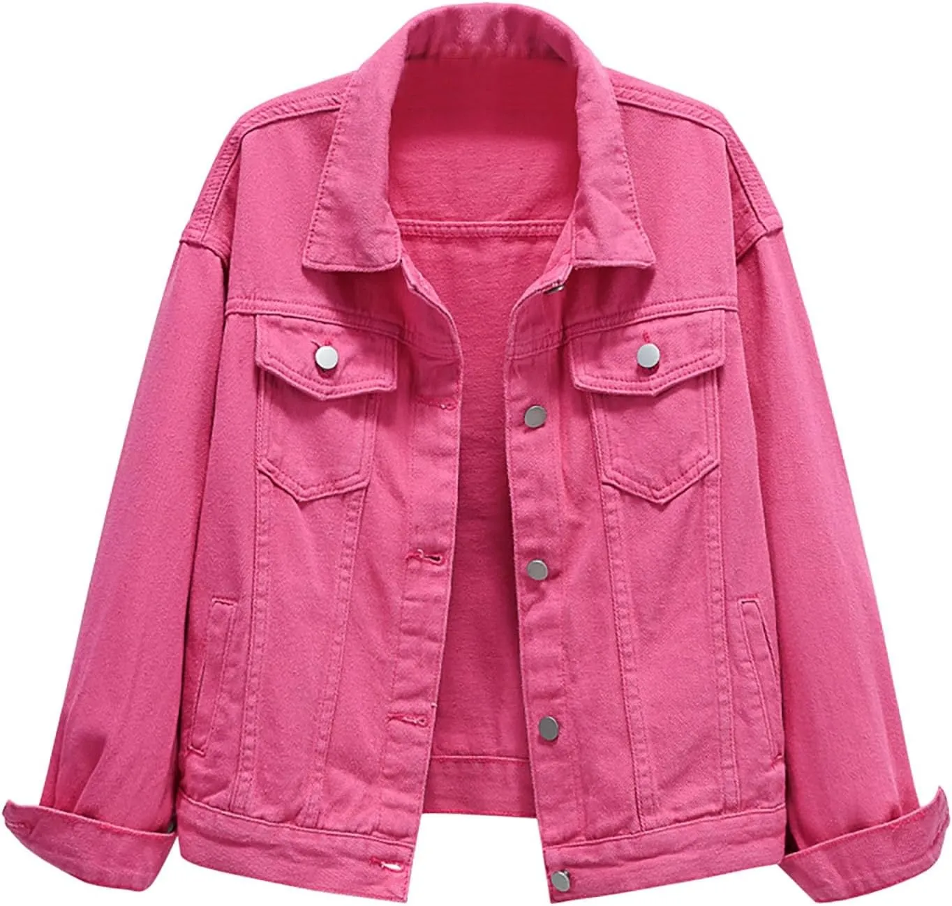 Pearls Denim Jacket For Woemn 3/4 Sleeve Button Down Plus Size Denim Jacket Basic Lapel Trucker Coat