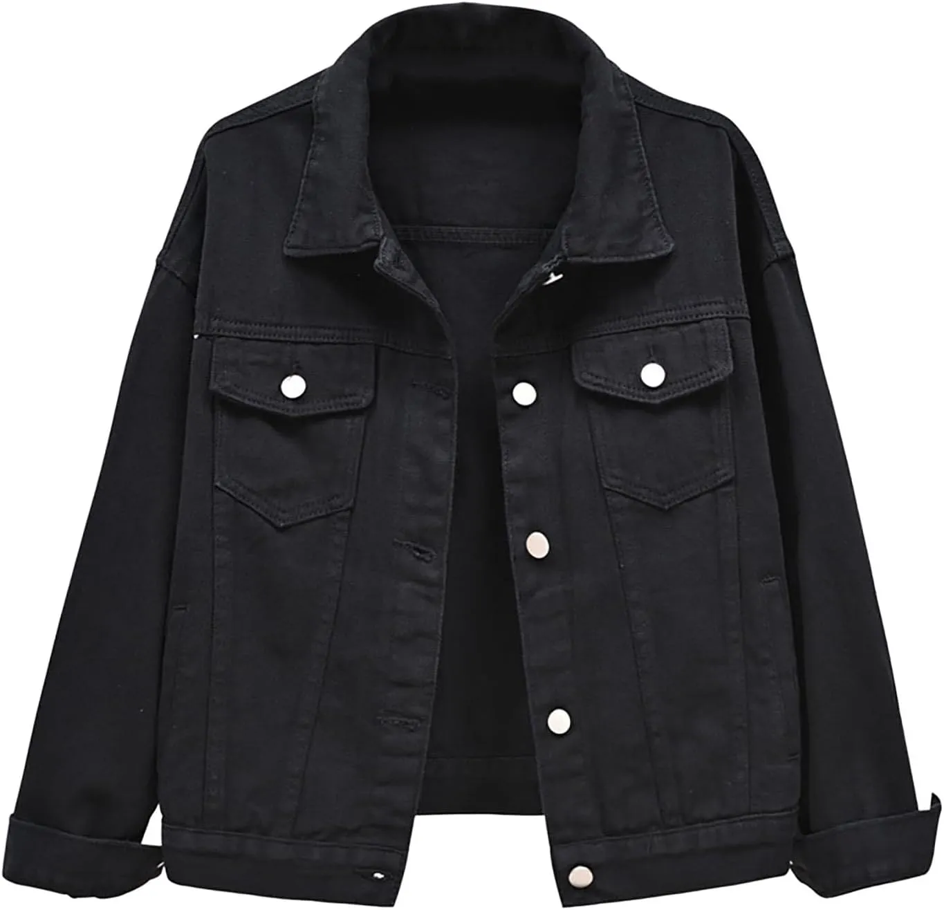 Pearls Denim Jacket For Woemn 3/4 Sleeve Button Down Plus Size Denim Jacket Basic Lapel Trucker Coat