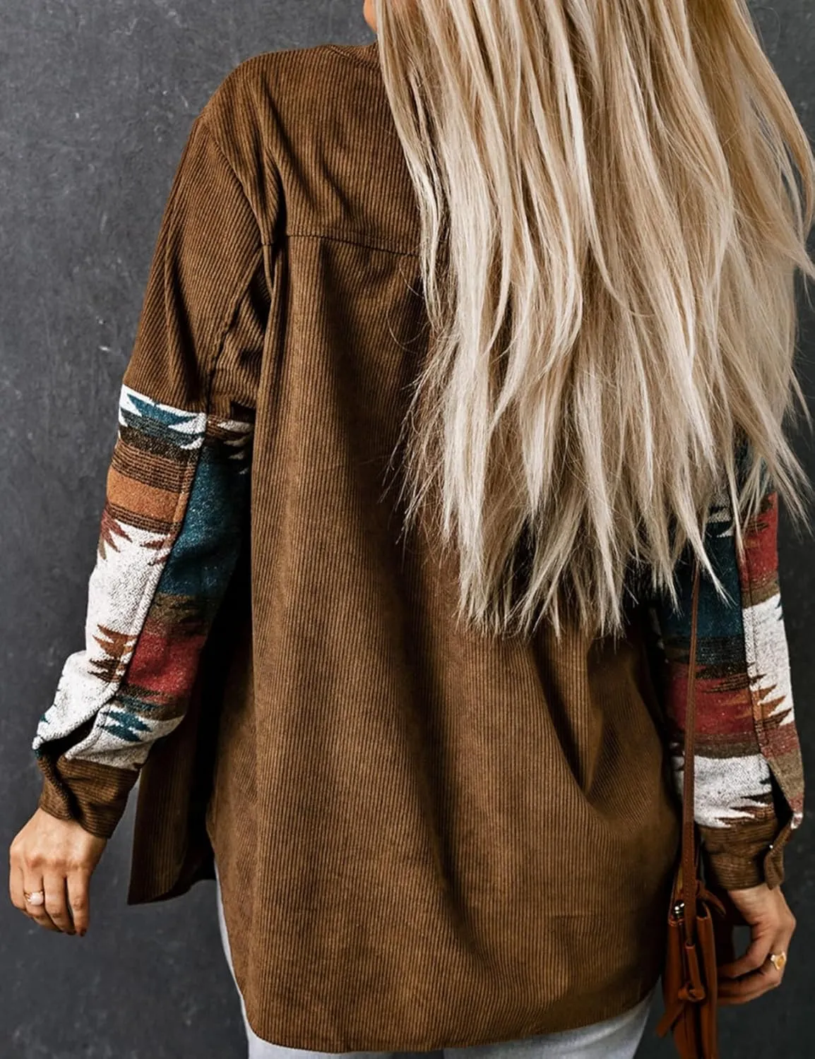 Perbai Womens Corduroy Flannel Shirt Long Sleeve Button Down Aztec Loose Shacket Jacket with Pockets
