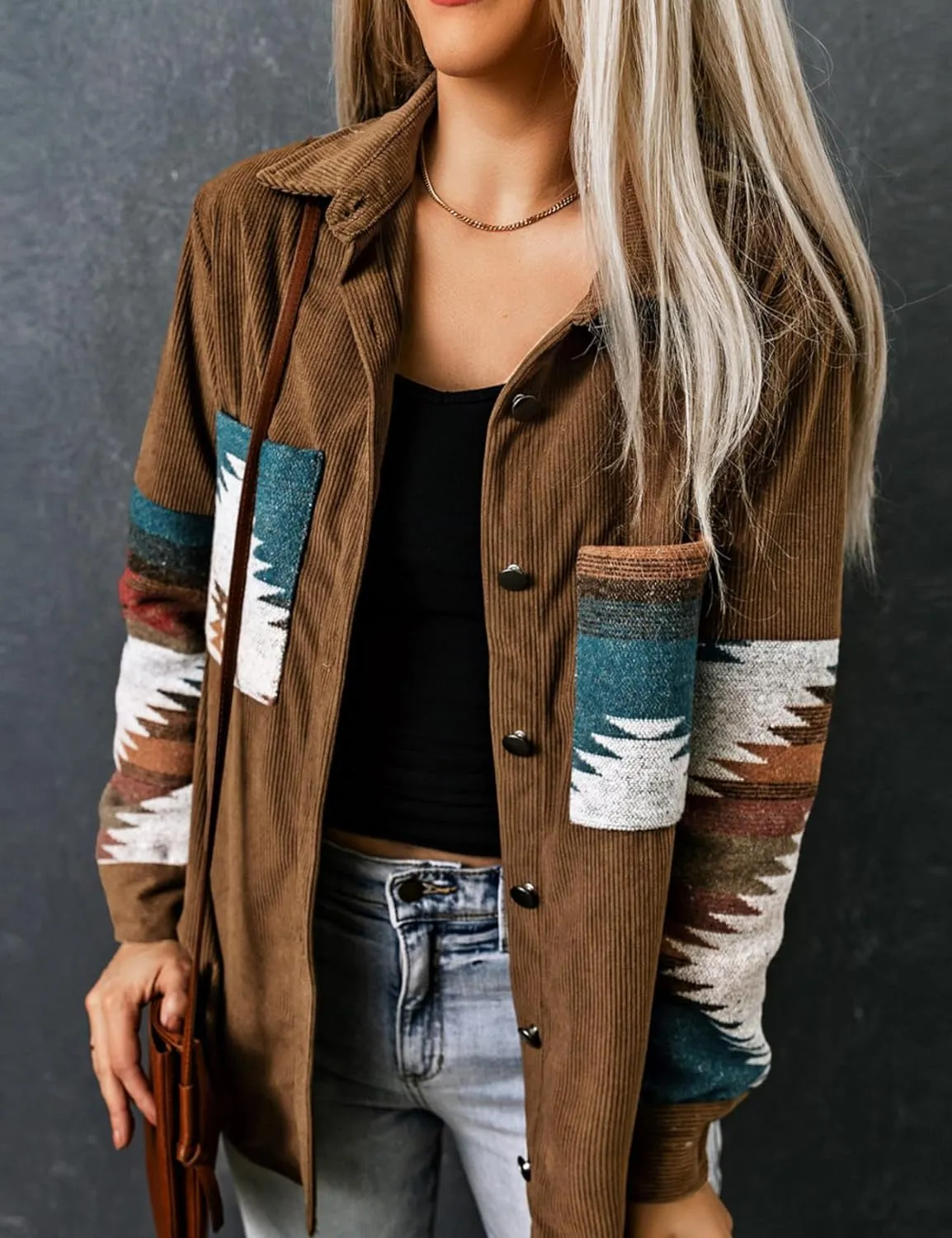 Perbai Womens Corduroy Flannel Shirt Long Sleeve Button Down Aztec Loose Shacket Jacket with Pockets
