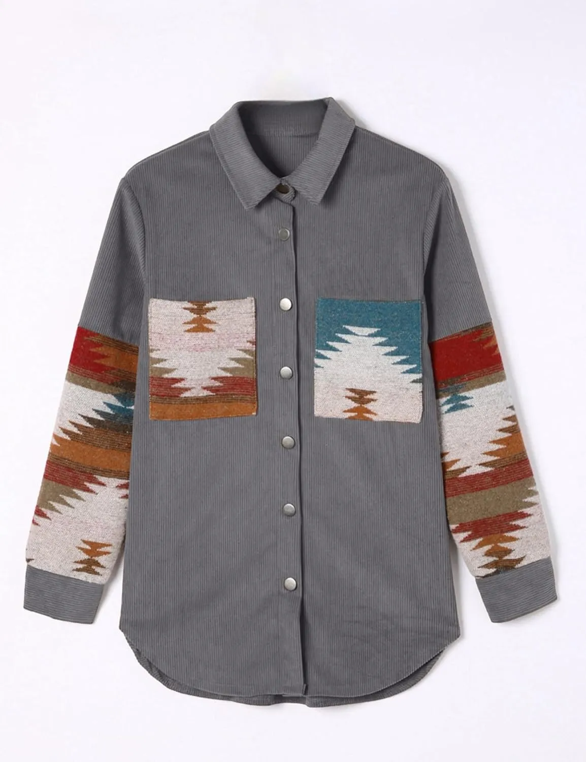 Perbai Womens Corduroy Flannel Shirt Long Sleeve Button Down Aztec Loose Shacket Jacket with Pockets