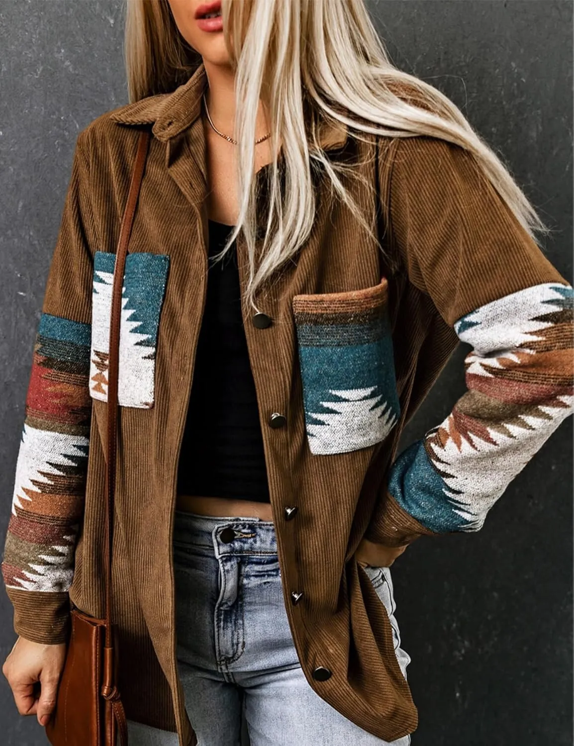 Perbai Womens Corduroy Flannel Shirt Long Sleeve Button Down Aztec Loose Shacket Jacket with Pockets