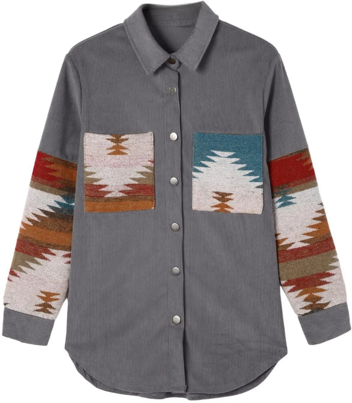 Perbai Womens Corduroy Flannel Shirt Long Sleeve Button Down Aztec Loose Shacket Jacket with Pockets