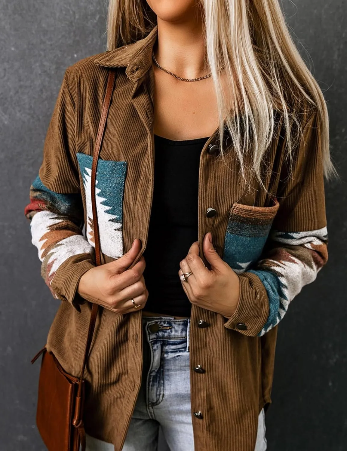 Perbai Womens Corduroy Flannel Shirt Long Sleeve Button Down Aztec Loose Shacket Jacket with Pockets