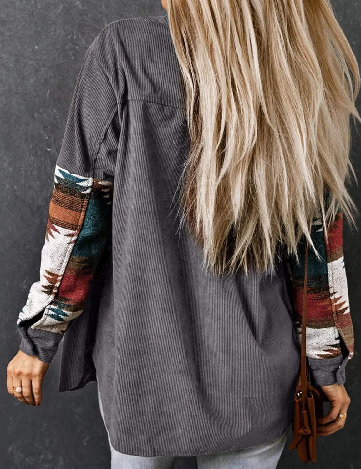 Perbai Womens Corduroy Flannel Shirt Long Sleeve Button Down Aztec Loose Shacket Jacket with Pockets