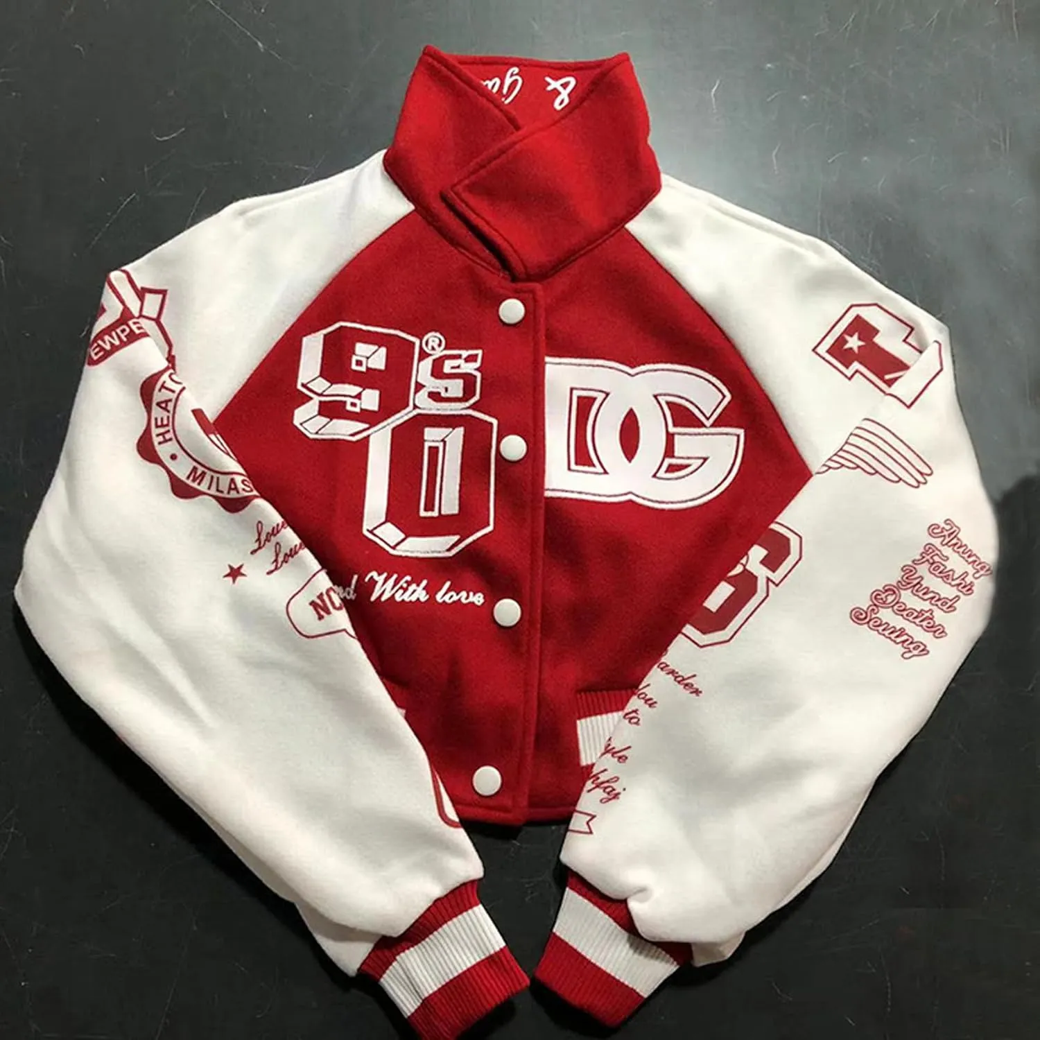 Perbai Womens Cropped Varsity Jacket Colorblock Letter Print Button Down Letterman Bomber Coat Y2K Streetwear