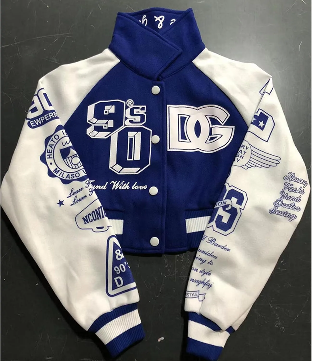 Perbai Womens Cropped Varsity Jacket Colorblock Letter Print Button Down Letterman Bomber Coat Y2K Streetwear