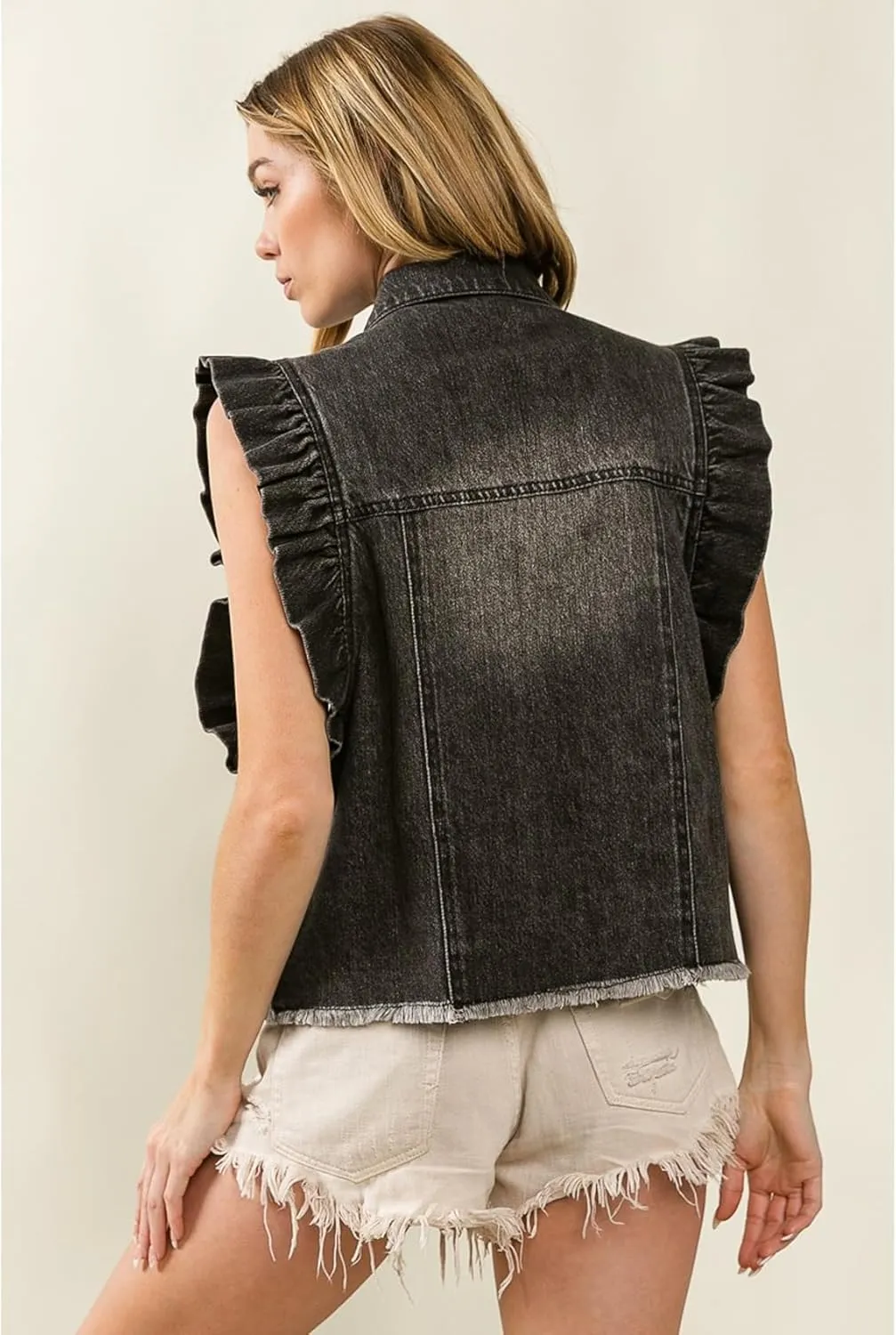 Perbai Womens Distressed Crop Denim Vest Ruffled Pleated Button Down Sleeveless Jean Jacket Waistcoat