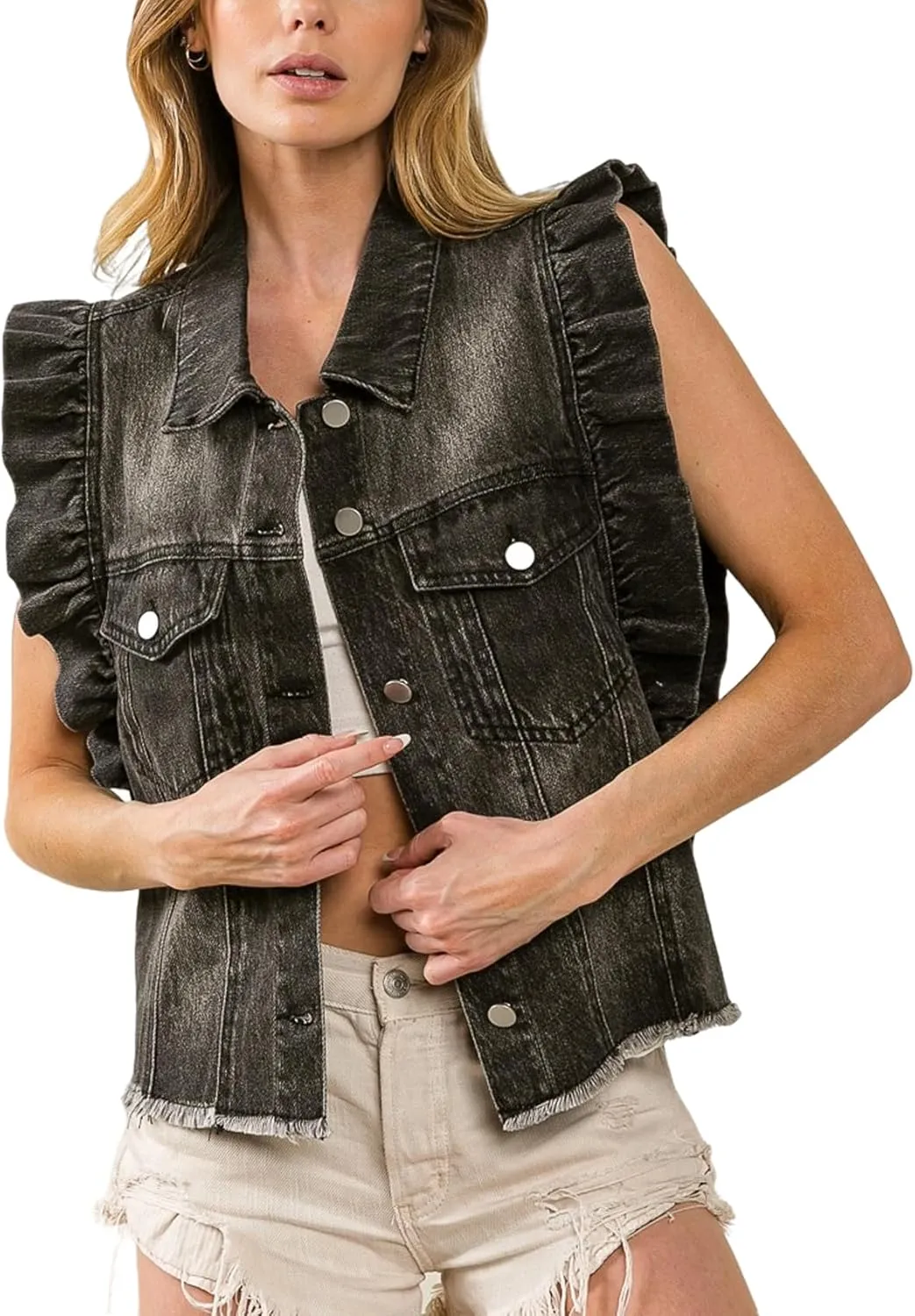 Perbai Womens Distressed Crop Denim Vest Ruffled Pleated Button Down Sleeveless Jean Jacket Waistcoat