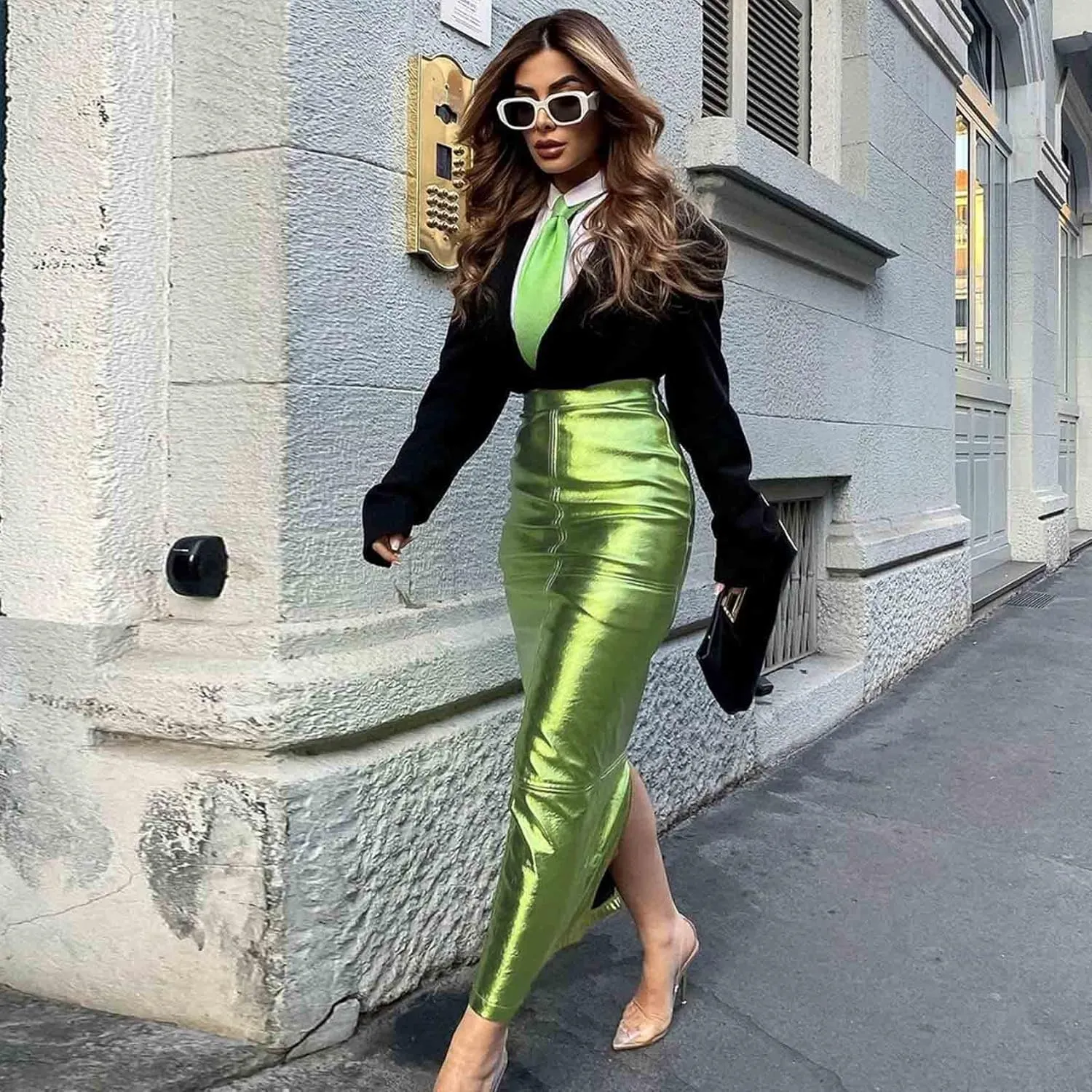 Perbai Womens Faux Leather Pencil Skirt High Waist Split Bodycon Club Party Long PU Skirt