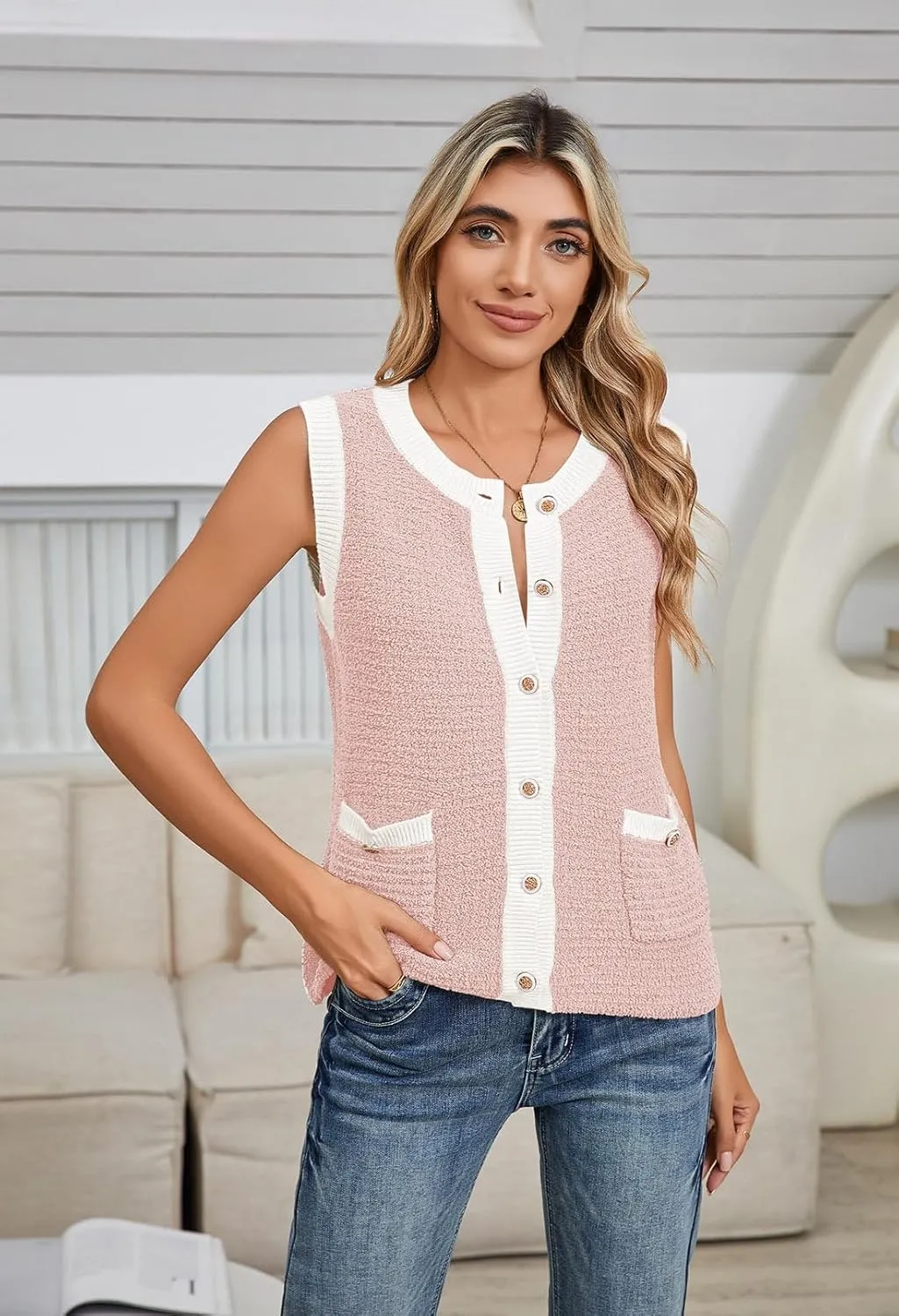 Pink Queen Women's Sweater Vest 2024 Sleeveless Knit Crewneck Button Down Tank Tops Fashion Casual Loose Summer Cardigans