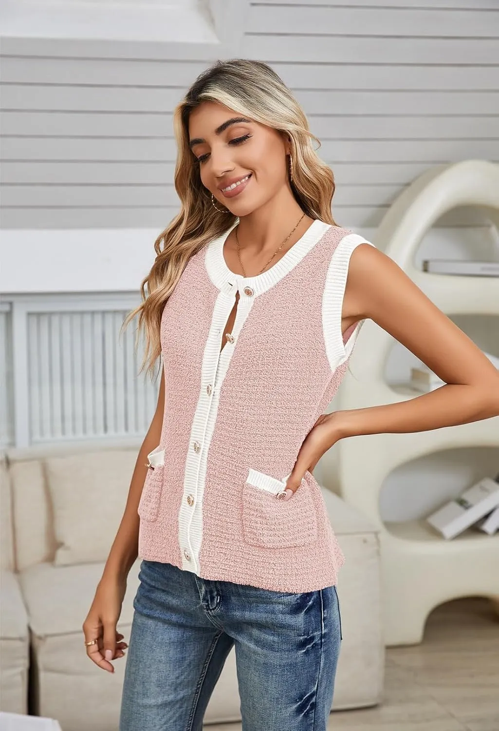 Pink Queen Women's Sweater Vest 2024 Sleeveless Knit Crewneck Button Down Tank Tops Fashion Casual Loose Summer Cardigans