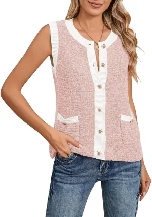 Pink Queen Women's Sweater Vest 2024 Sleeveless Knit Crewneck Button Down Tank Tops Fashion Casual Loose Summer Cardigans