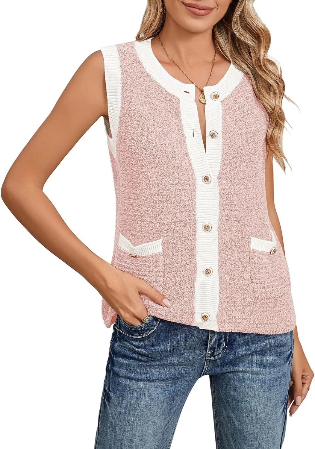 Pink Queen Women's Sweater Vest 2024 Sleeveless Knit Crewneck Button Down Tank Tops Fashion Casual Loose Summer Cardigans
