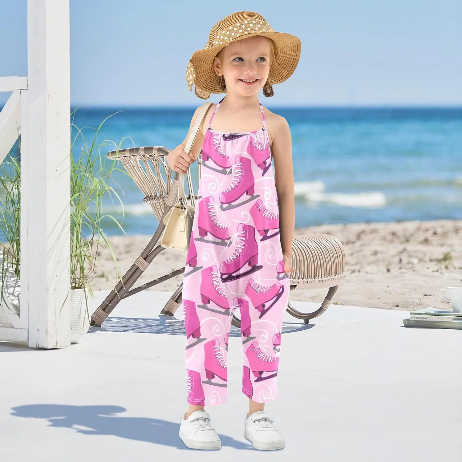 Pink Skate Shoes Toddler Girls Jumpsuit One Piece Romper Cotton Pants Sleeveless Summer Outfits,1T
