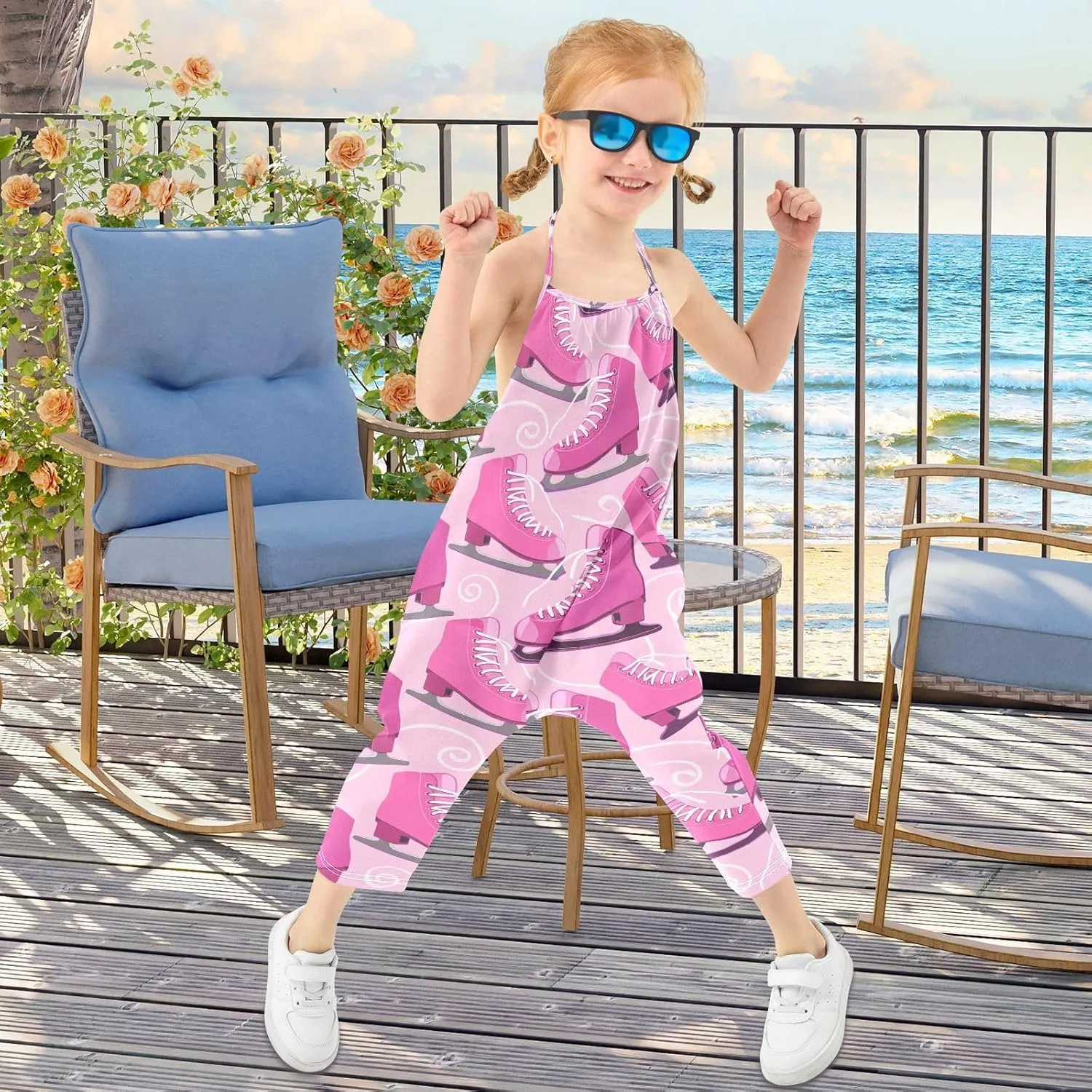 Pink Skate Shoes Toddler Girls Jumpsuit One Piece Romper Cotton Pants Sleeveless Summer Outfits,1T