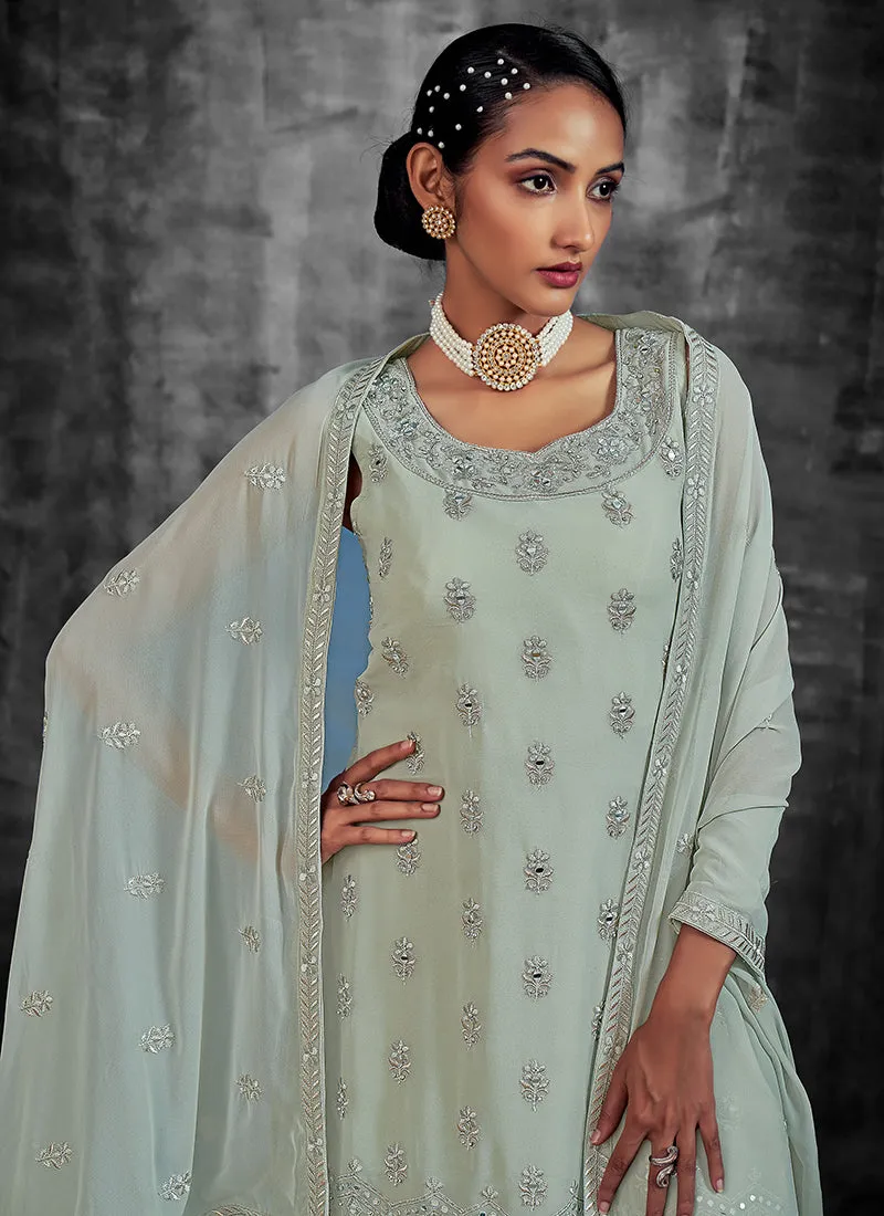 Pista Green Mirror Work Embroidery Georgette Gharara Suit
