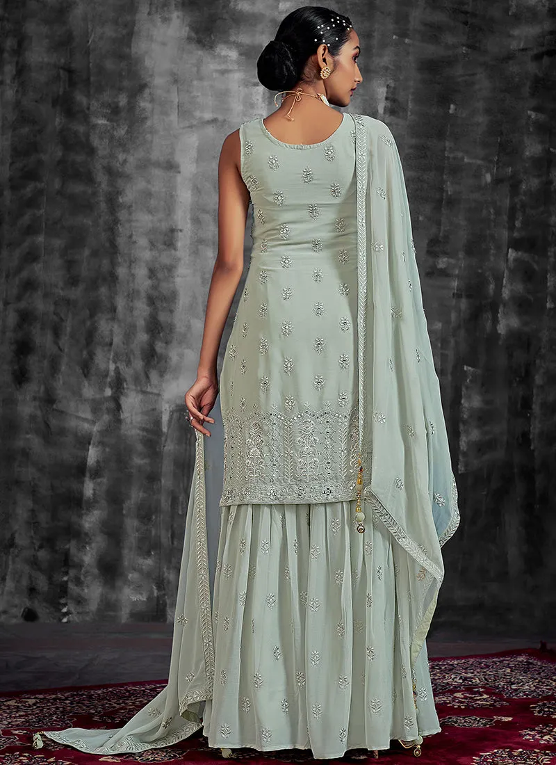 Pista Green Mirror Work Embroidery Georgette Gharara Suit