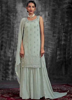 Pista Green Mirror Work Embroidery Georgette Gharara Suit