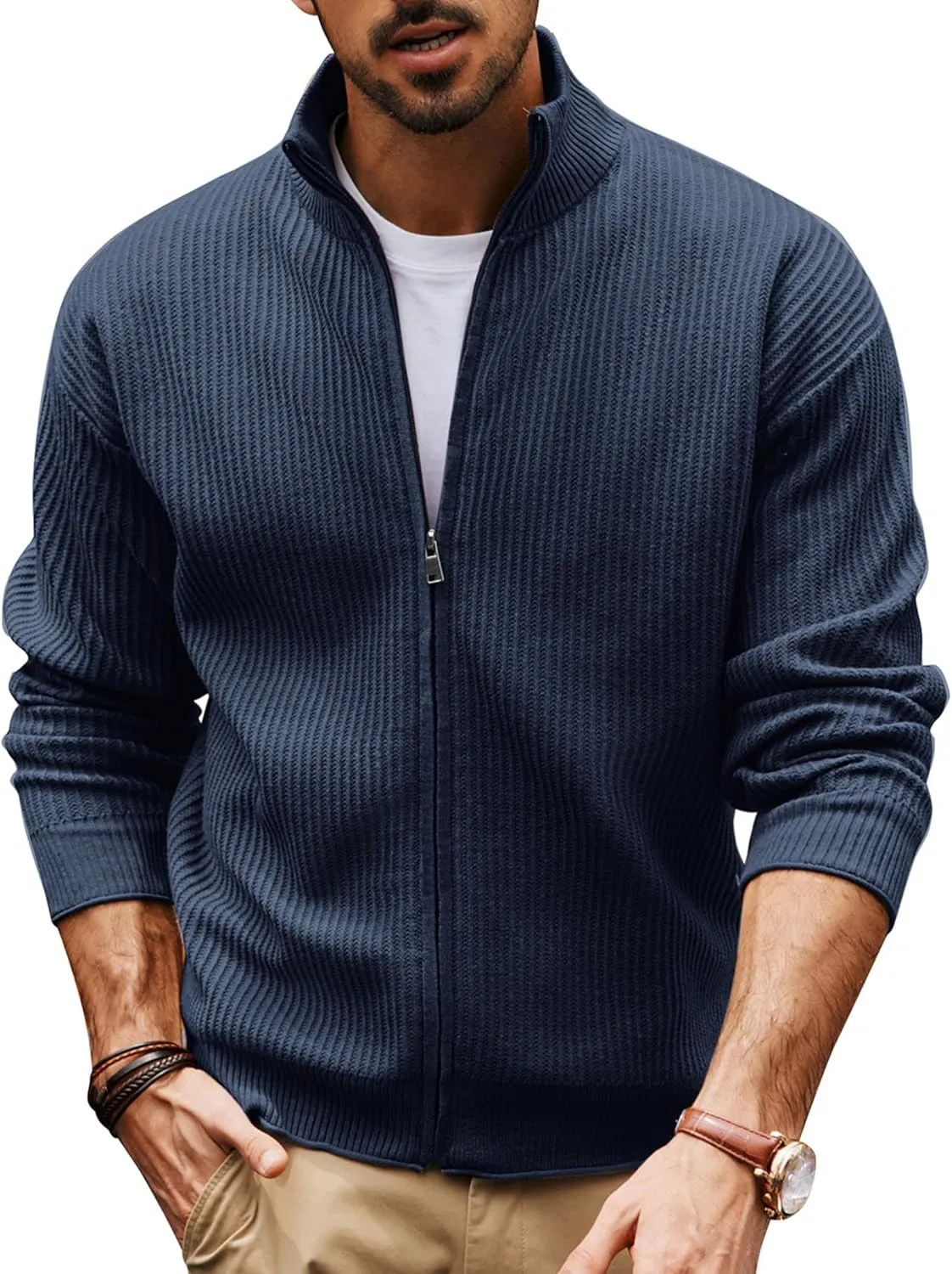 PJ PAUL JONES Mens Cardigan Sweater Full Zip Up Sweaters Casual Slim Fit Stand Collar Knitted Cardigans